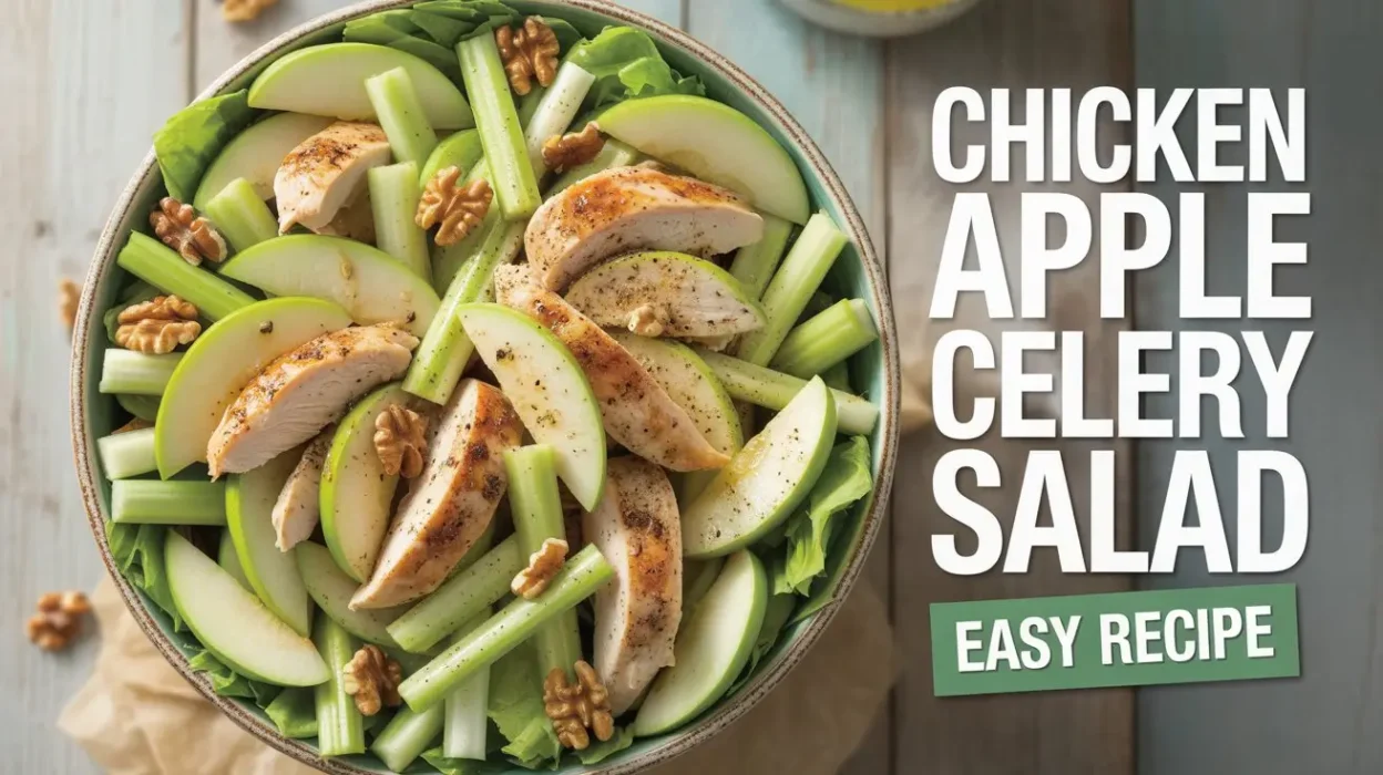 A vibrant salad featuring grilled chicken, green apple slices, celery sticks, and walnuts on leafy greens. Text reads "Chicken Apple Celery Salad: Easy Recipe."