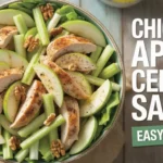 A vibrant salad featuring grilled chicken, green apple slices, celery sticks, and walnuts on leafy greens. Text reads "Chicken Apple Celery Salad: Easy Recipe."