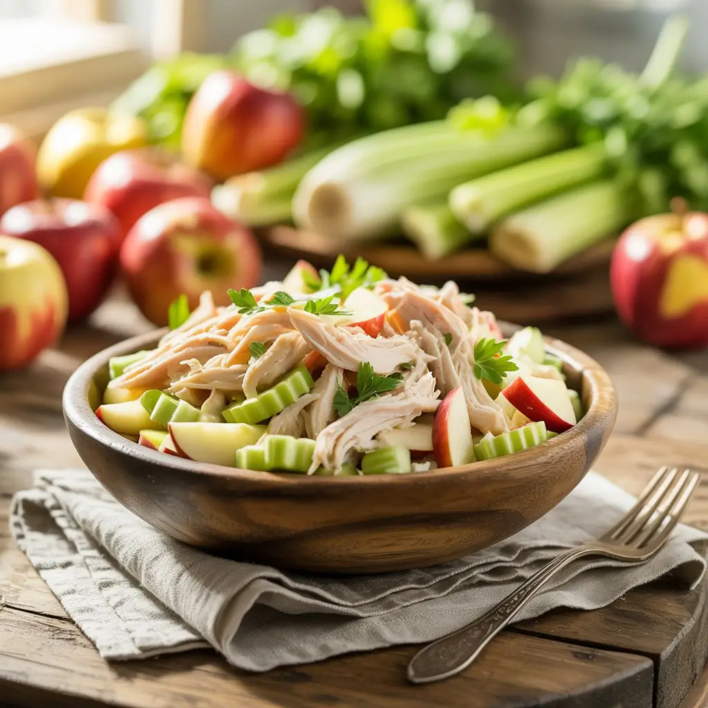 A wooden bowl with a fresh salad of shredded chicken, apple slices, and celery, garnished with parsley. Bright apples and celery stalks in the background.